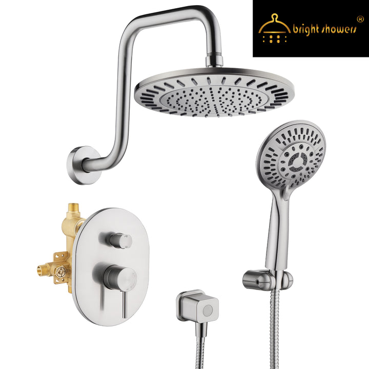 BRIGHT SHOWERS 9 Spray Setting Shower Faucet Set Include Shower Head with High Rise Shower Arm, Handheld Shower Head with Valve and Trim Kit (FT20360)