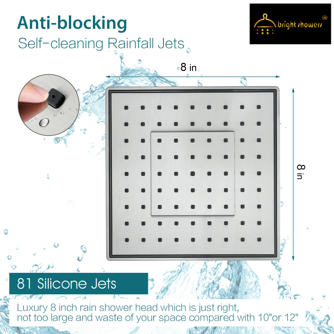 BRIGHT SHOWERS 8 Inch Anti-blocking High Pressure Square Showerhead with Large Spray Surface, Angle Adjustable, Tool-Free Installation (PRS1807)