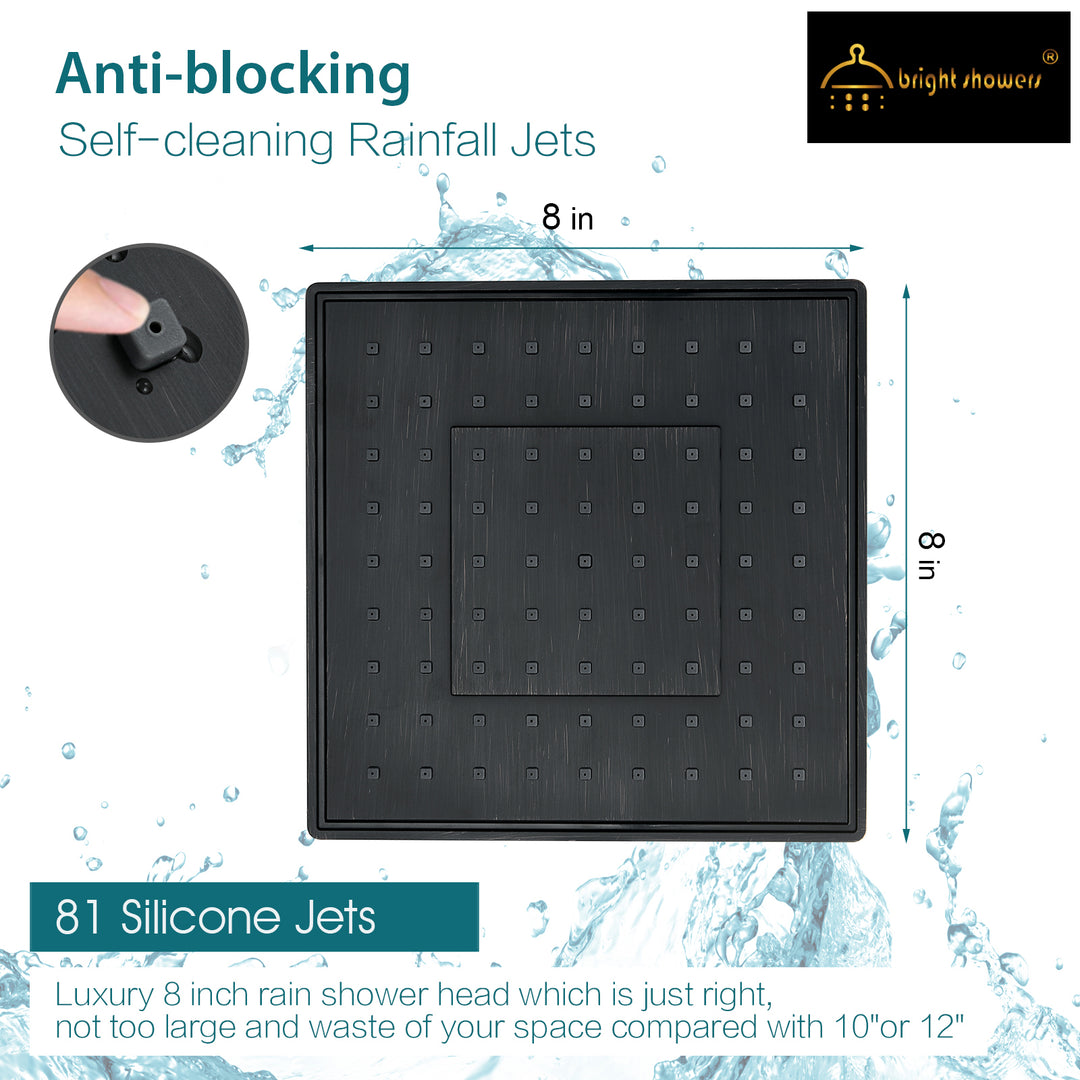 BRIGHT SHOWERS 8 Inch Anti-blocking High Pressure Square Showerhead with Large Spray Surface, Angle Adjustable, Tool-Free Installation (PRS1807)