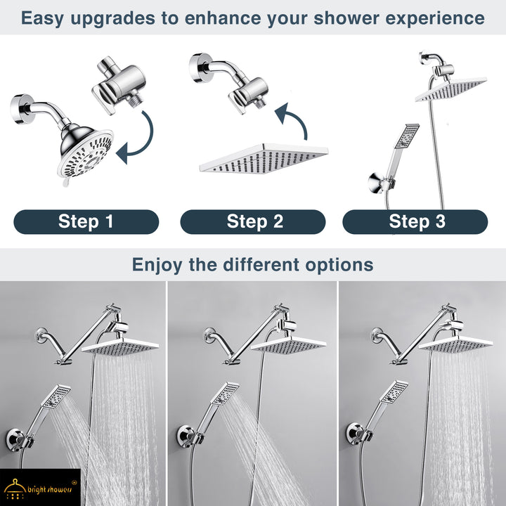 BRIGHT SHOWERS 8 Inch Shower Head with Handheld Spray 5 ft. Shower Hose Set Includes Wall Mount Suction Bracket, 3-Way Water Diverter Mount (PSS1807)