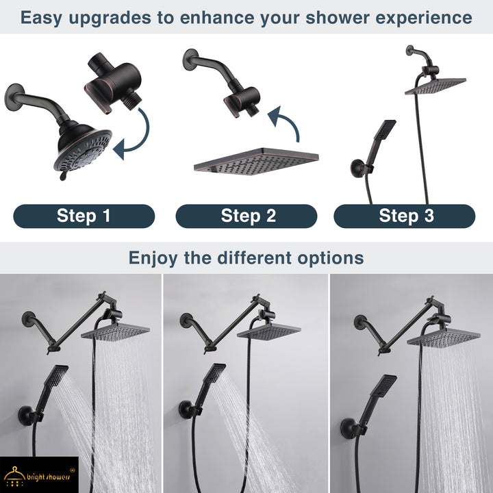 BRIGHT SHOWERS 8 Inch Shower Head with Handheld Spray 5 ft. Shower Hose Set Includes Wall Mount Suction Bracket, 3-Way Water Diverter Mount (PSS1807)