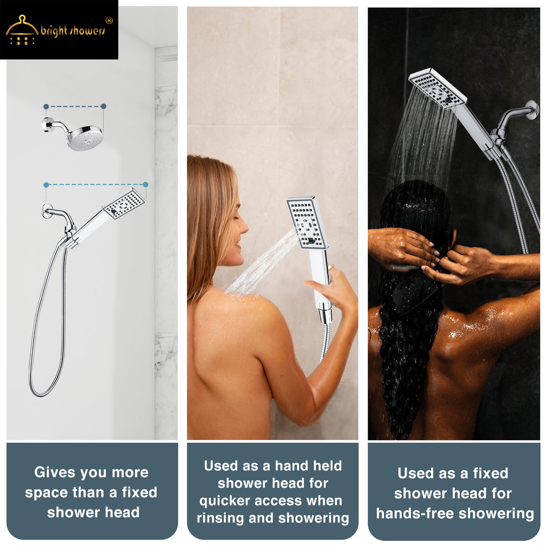 BRIGHT SHOWERS High Pressure Handheld Shower Head Set with 60 Inch Shower Hose and Adjustable Shower Arm Mount Bracket, 3 Spray Setting (PSS3490)