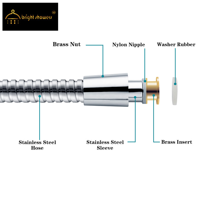 BRIGHT SHOWERS 59 Inch Shower Hose For Hand Held Shower Heads, Stainless Steel Cord Shower Hose, Flexible Replacement Part with Brass Insert (S21532)