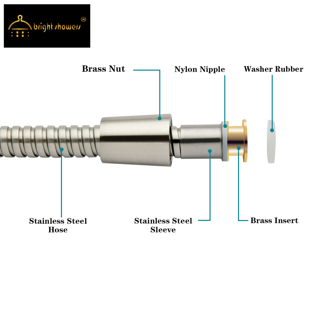 BRIGHT SHOWERS 59 Inch Shower Hose For Hand Held Shower Heads, Stainless Steel Cord Shower Hose, Flexible Replacement Part with Brass Insert (S21532)