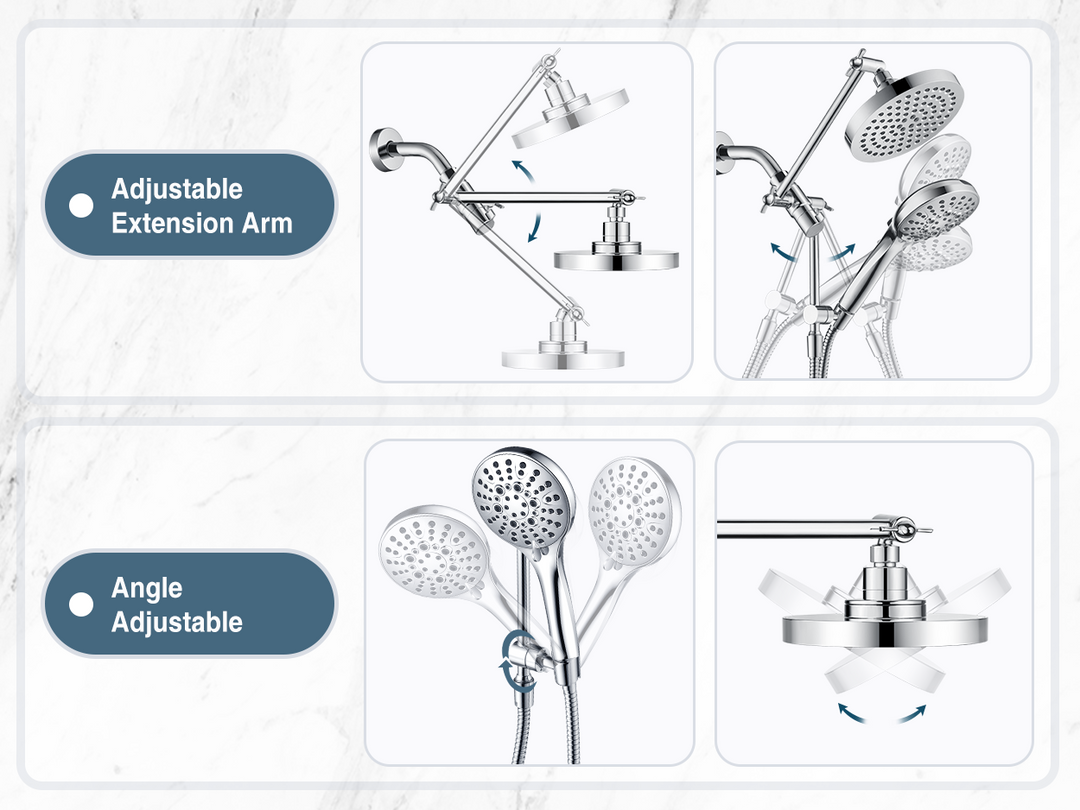 BRIGHT SHOWERS Dual Rain Shower Head Built-in Power Wash, with Adjustable Extension Arm, 3-Way Diverter, 9 Settings Handheld, 69” Long Hose(BAS2055)