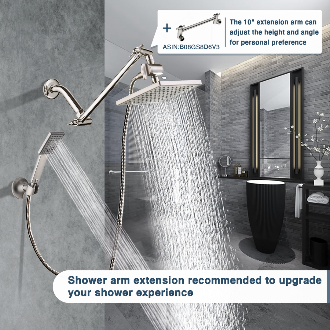 BRIGHT SHOWERS 8 Inch Shower Head with Handheld Spray 5 ft. Shower Hose Set Includes Wall Mount Suction Bracket, 3-Way Water Diverter Mount (PSS1807)