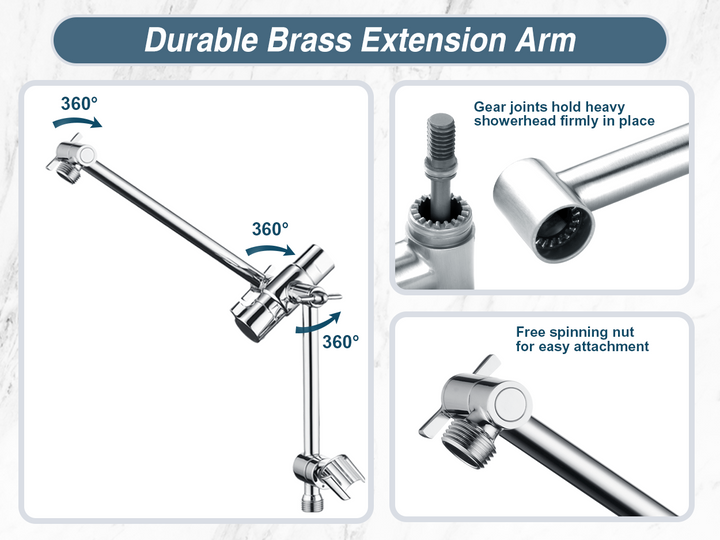 BRIGHT SHOWERS Dual Rain Shower Head Built-in Power Wash, with Adjustable Extension Arm, 3-Way Diverter, 9 Settings Handheld, 69” Long Hose(BAS2055)