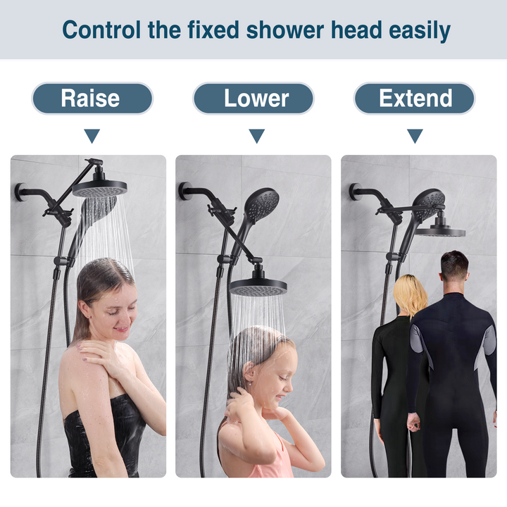 BRIGHT SHOWERS Dual Rain Shower Head Built-in Power Wash, with Adjustable Extension Arm, 3-Way Diverter, 9 Settings Handheld, 69” Long Hose(BAS2055)