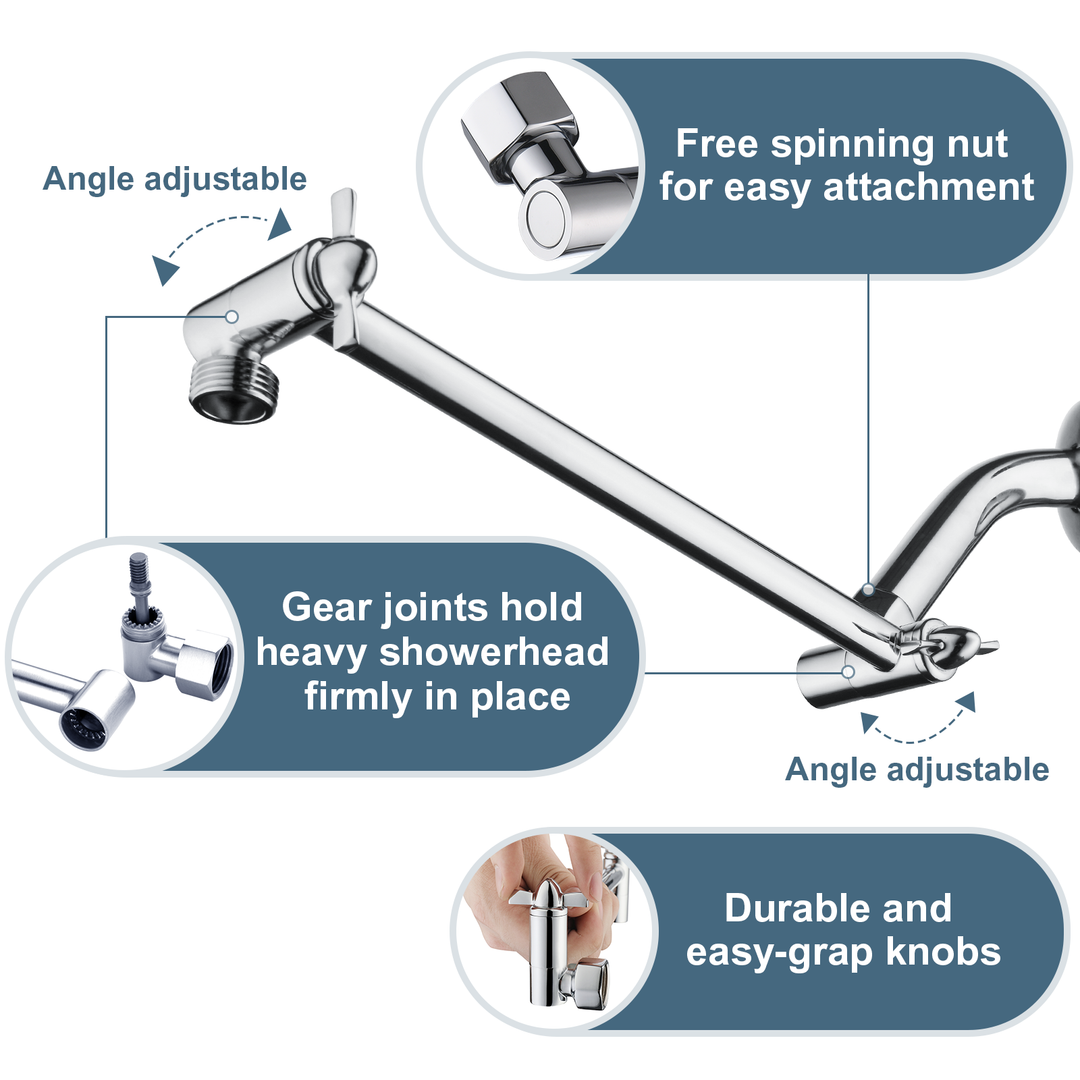 BRIGHT SHOWERS 10 Inch Brass Shower Head Extension Arm for Rain and Handheld Shower Head, Multi-Layer Plating, Height & Angle Adjustable (BAR1054)