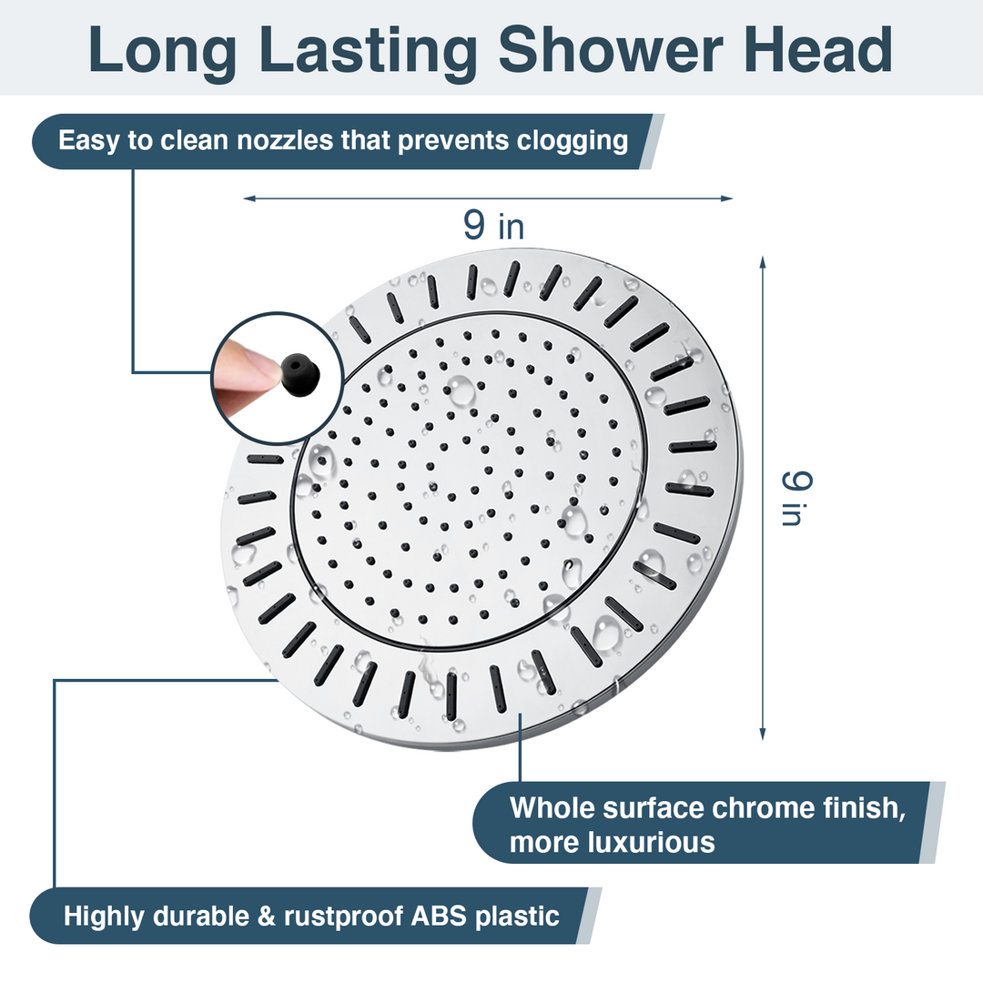 BRIGHT SHOWERS 9 Inch High Pressure Waterfall Showerhead with Adjustable Angle and Anti-clogging Silicone Nozzles, Luxury Bathroom Shower (PRS1917)