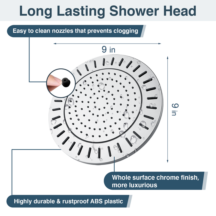 BRIGHT SHOWERS 9 Inch High Pressure Waterfall Showerhead with Adjustable Angle and Anti-clogging Silicone Nozzles, Luxury Bathroom Shower (PRS1917)