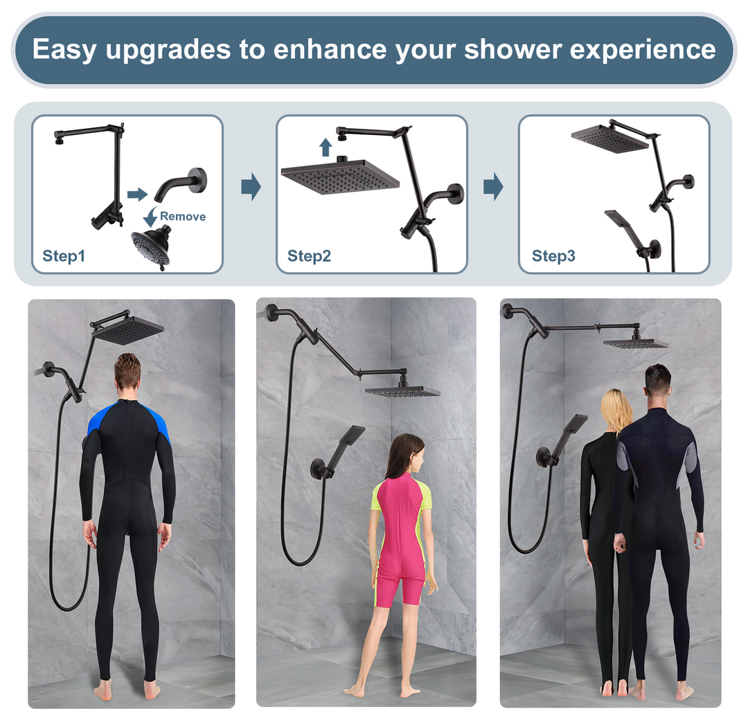 BRIGHT SHOWERS High Pressure Dual Square Rain Shower Head Combo with Double Extension Arm, 8 Inch Rainfall Shower Head with Handheld Spray (PAS2807)