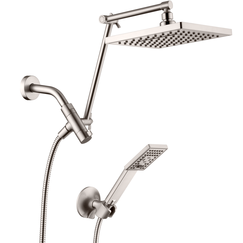 BRIGHT SHOWERS High Pressure Dual Square Rain Shower Head Combo with Double Extension Arm, 8 Inch Rainfall Shower Head with Handheld Spray (PAS2807)