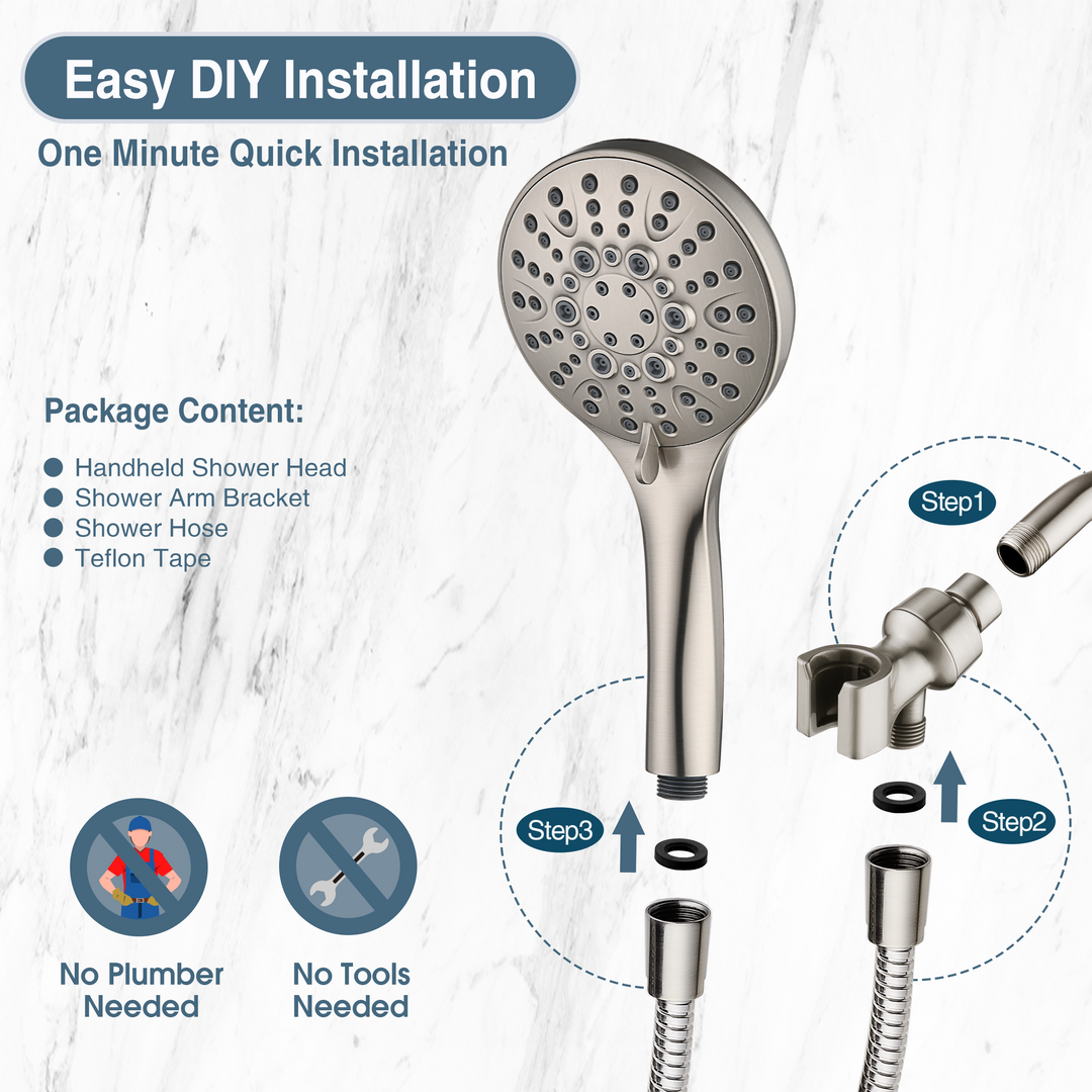 BRIGHT SHOWERS High Pressure 9 Spray Settings Shower Head, Built in Power Wash to Clean Tub and Pets, Long 69" Hose, Adjustable Bracket (PSS9901)