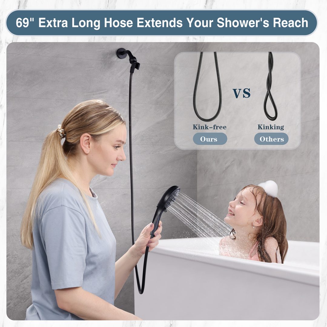 BRIGHT SHOWERS High Pressure 9 Spray Settings Shower Head, Built in Power Wash to Clean Tub and Pets, Long 69" Hose, Adjustable Bracket (PSS9901)