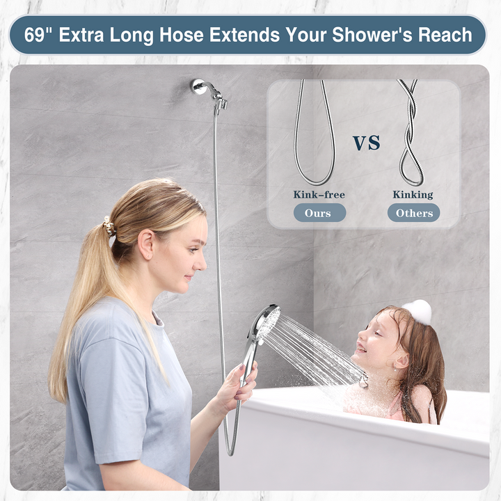 BRIGHT SHOWERS High Pressure 9 Spray Settings Shower Head, Built in Power Wash to Clean Tub and Pets, Long 69" Hose, Adjustable Bracket (PSS9901)