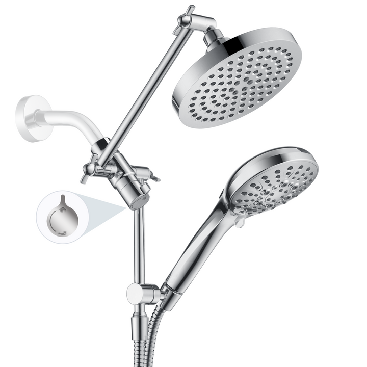 BRIGHT SHOWERS Dual Rain Shower Head Built-in Power Wash, with Adjustable Extension Arm, 3-Way Diverter, 9 Settings Handheld, 69” Long Hose(BAS2055)