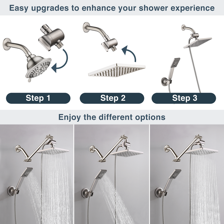 BRIGHT SHOWERS 8 Inch Shower Head with Handheld Spray 5 ft. Shower Hose Set Includes Wall Mount Suction Bracket, 3-Way Water Diverter Mount (PSS1807)