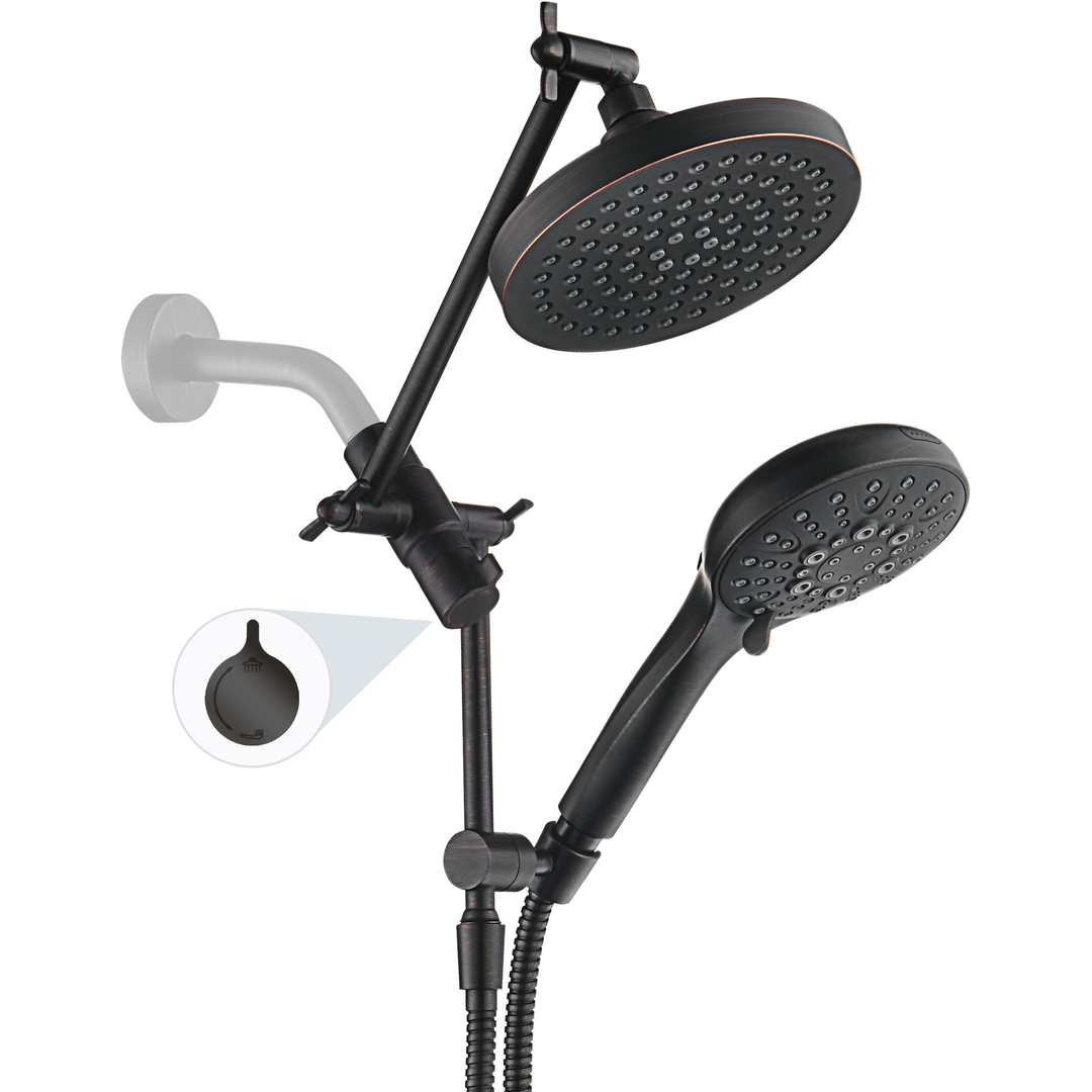 BRIGHT SHOWERS Dual Rain Shower Head Built-in Power Wash, with Adjustable Extension Arm, 3-Way Diverter, 9 Settings Handheld, 69” Long Hose(BAS2055)