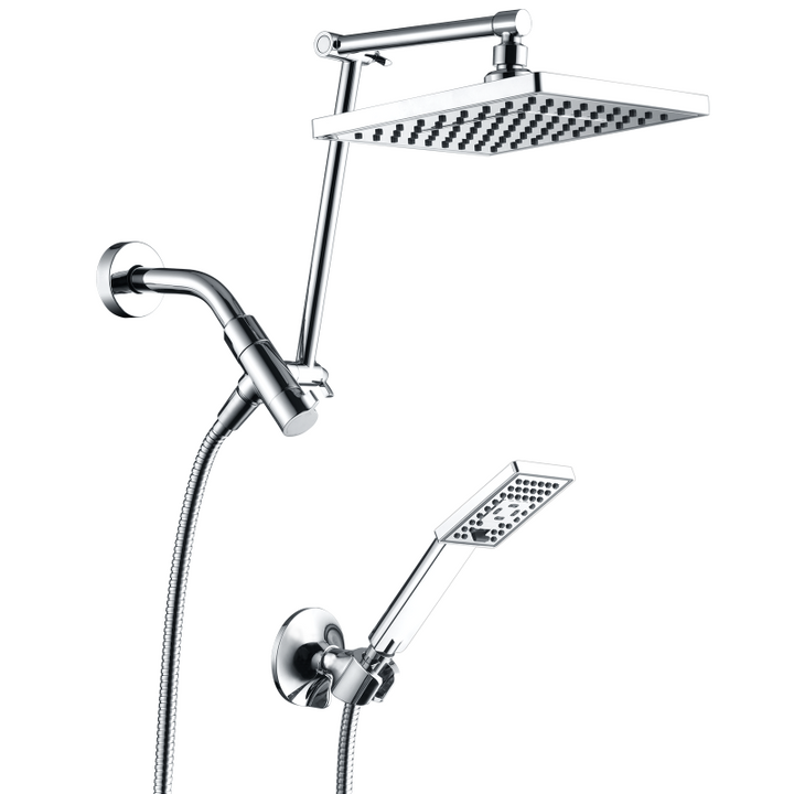 BRIGHT SHOWERS High Pressure Dual Square Rain Shower Head Combo with Double Extension Arm, 8 Inch Rainfall Shower Head with Handheld Spray (PAS2807)