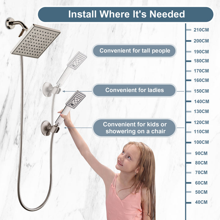 BRIGHT SHOWERS 8 Inch Shower Head with Handheld Spray 5 ft. Shower Hose Set Includes Wall Mount Suction Bracket, 3-Way Water Diverter Mount (PSS1807)