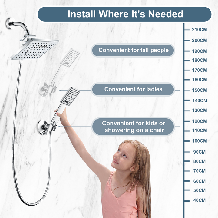 BRIGHT SHOWERS 8 Inch Shower Head with Handheld Spray 5 ft. Shower Hose Set Includes Wall Mount Suction Bracket, 3-Way Water Diverter Mount (PSS1807)