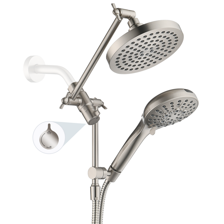 BRIGHT SHOWERS Dual Rain Shower Head Built-in Power Wash, with Adjustable Extension Arm, 3-Way Diverter, 9 Settings Handheld, 69” Long Hose(BAS2055)