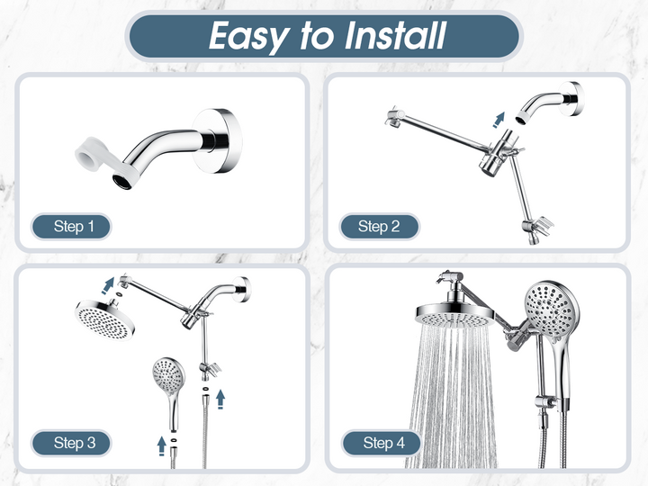 BRIGHT SHOWERS Dual Rain Shower Head Built-in Power Wash, with Adjustable Extension Arm, 3-Way Diverter, 9 Settings Handheld, 69” Long Hose(BAS2055)