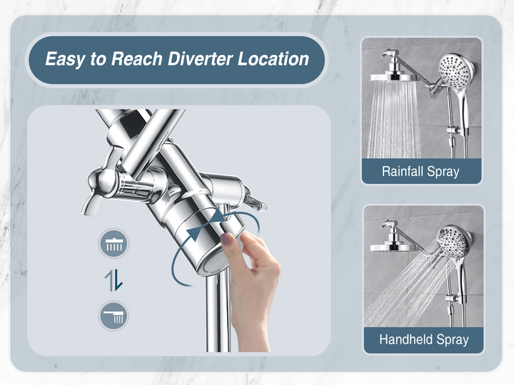 BRIGHT SHOWERS Dual Rain Shower Head Built-in Power Wash, with Adjustable Extension Arm, 3-Way Diverter, 9 Settings Handheld, 69” Long Hose(BAS2055)