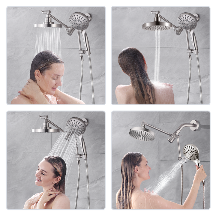 BRIGHT SHOWERS Dual Rain Shower Head Built-in Power Wash, with Adjustable Extension Arm, 3-Way Diverter, 9 Settings Handheld, 69” Long Hose(BAS2055)