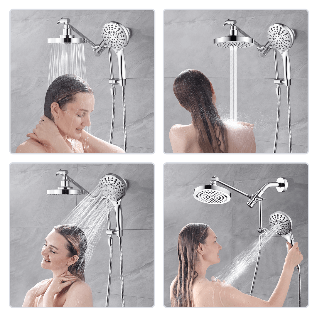 BRIGHT SHOWERS Dual Rain Shower Head Built-in Power Wash, with Adjustable Extension Arm, 3-Way Diverter, 9 Settings Handheld, 69” Long Hose(BAS2055)