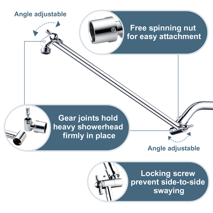 BRIGHT SHOWERS 15 Inch Extra Long Shower Head Extension Arm, Solid Brass Shower Arm Extender with Locking Screw for Rain and Handheld Showerhead, Height & Angle Adjustable( BAR1501)