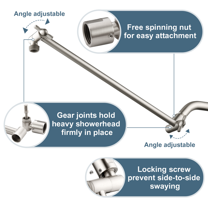 BRIGHT SHOWERS 15 Inch Extra Long Shower Head Extension Arm, Solid Brass Shower Arm Extender with Locking Screw for Rain and Handheld Showerhead, Height & Angle Adjustable( BAR1501)