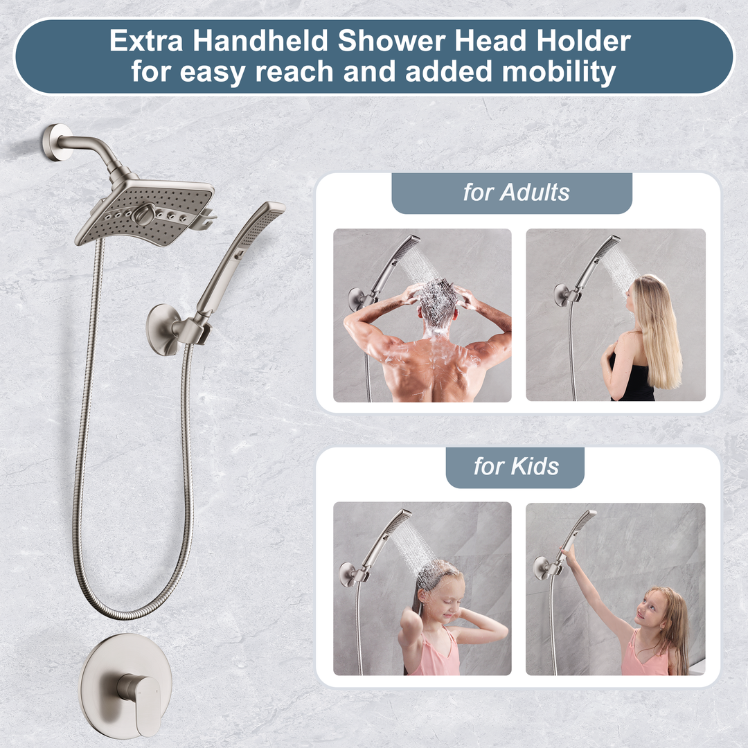 BRIGHT SHOWERS Shower Faucet Set, Shower Valve Trim Kit, 4-Spray Rainfall and Hand Shower Head Trim with Hose, Single-Handle Shower Fixture (FT10350)