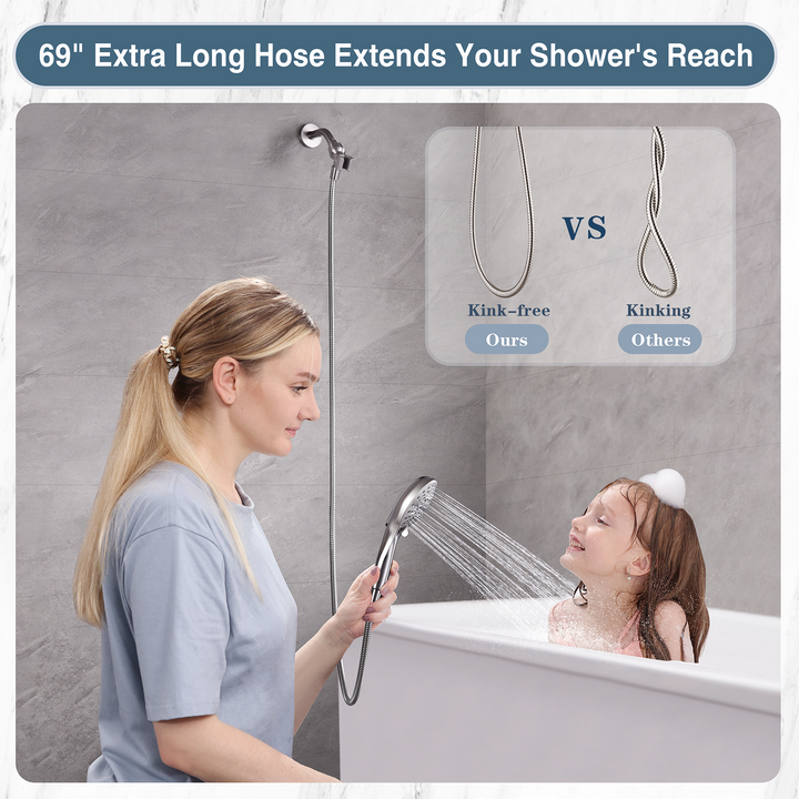 BRIGHT SHOWERS High Pressure 9 Spray Settings Shower Head, Built in Power Wash to Clean Tub and Pets, Long 69" Hose, Adjustable Bracket (PSS9901)