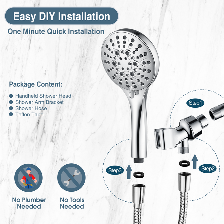 BRIGHT SHOWERS High Pressure 9 Spray Settings Shower Head, Built in Power Wash to Clean Tub and Pets, Long 69" Hose, Adjustable Bracket (PSS9901)