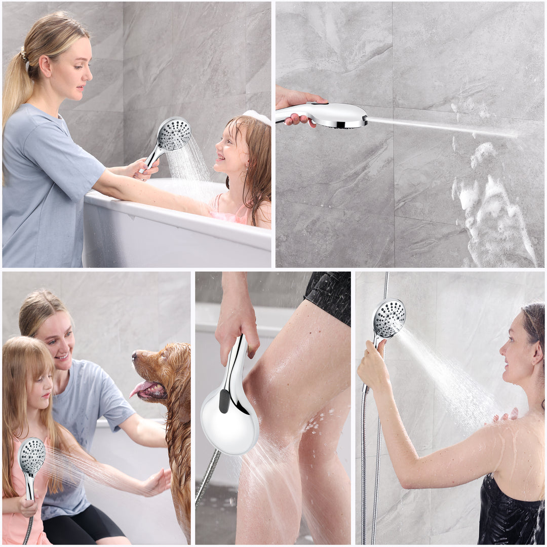 BRIGHT SHOWERS Dual Rain Shower Head Built-in Power Wash, with Adjustable Extension Arm, 3-Way Diverter, 9 Settings Handheld, 69” Long Hose(BAS2055)