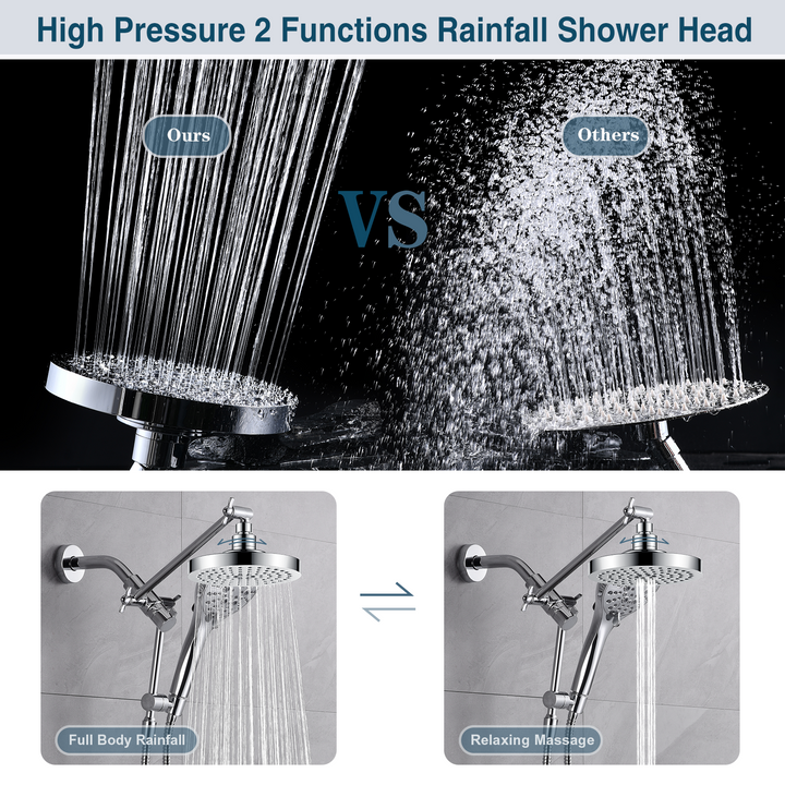 BRIGHT SHOWERS Dual Rain Shower Head Built-in Power Wash, with Adjustable Extension Arm, 3-Way Diverter, 9 Settings Handheld, 69” Long Hose(BAS2055)