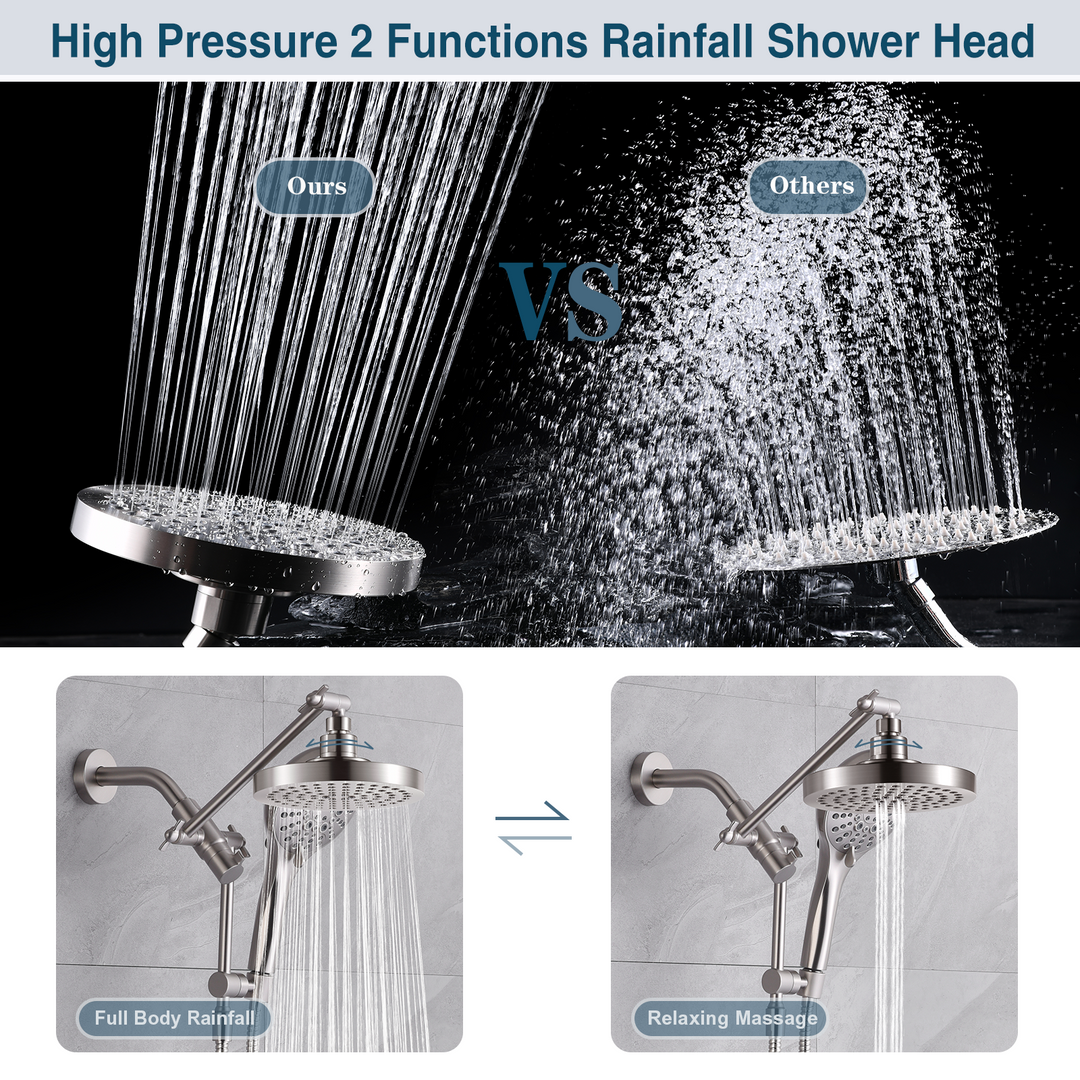 BRIGHT SHOWERS Dual Rain Shower Head Built-in Power Wash, with Adjustable Extension Arm, 3-Way Diverter, 9 Settings Handheld, 69” Long Hose(BAS2055)