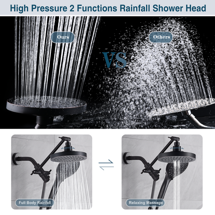 BRIGHT SHOWERS Dual Rain Shower Head Built-in Power Wash, with Adjustable Extension Arm, 3-Way Diverter, 9 Settings Handheld, 69” Long Hose(BAS2055)