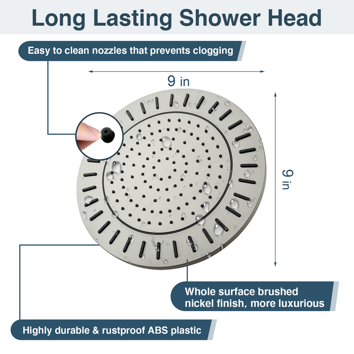 BRIGHT SHOWERS 9 Inch High Pressure Waterfall Showerhead with Adjustable Angle and Anti-clogging Silicone Nozzles, Luxury Bathroom Shower (PRS1917)