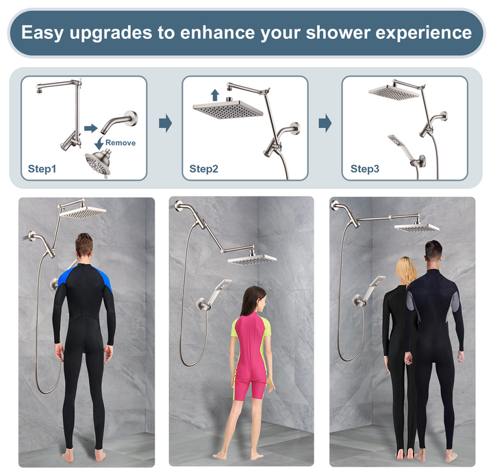 BRIGHT SHOWERS High Pressure Dual Square Rain Shower Head Combo with Double Extension Arm, 8 Inch Rainfall Shower Head with Handheld Spray (PAS2807)