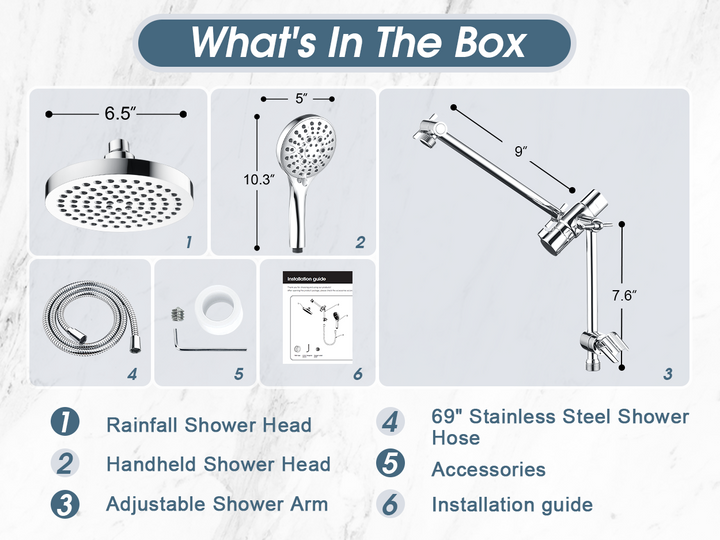 BRIGHT SHOWERS Dual Rain Shower Head Built-in Power Wash, with Adjustable Extension Arm, 3-Way Diverter, 9 Settings Handheld, 69” Long Hose(BAS2055)