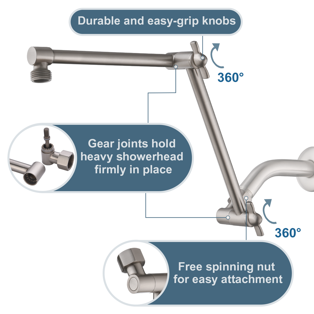 BRIGHT SHOWERS 14 Inch Thicker Brass Shower Arm Extender for Rain and Handheld Shower Head, Adjustable Height & Angle for Different Needs (BAR1401)