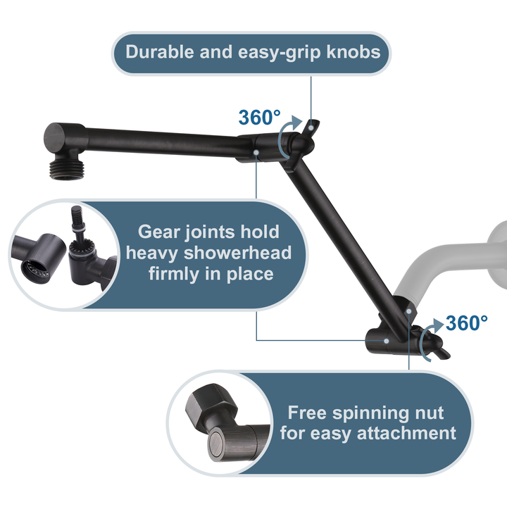 BRIGHT SHOWERS 14 Inch Thicker Brass Shower Arm Extender for Rain and Handheld Shower Head, Adjustable Height & Angle for Different Needs (BAR1401)