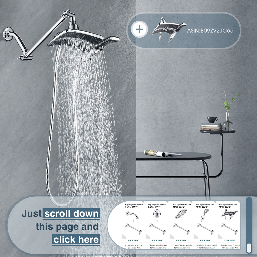 BRIGHT SHOWERS 10 Inch Brass Shower Head Extension Arm for Rain and Handheld Shower Head, Multi-Layer Plating, Height & Angle Adjustable (BAR1054)