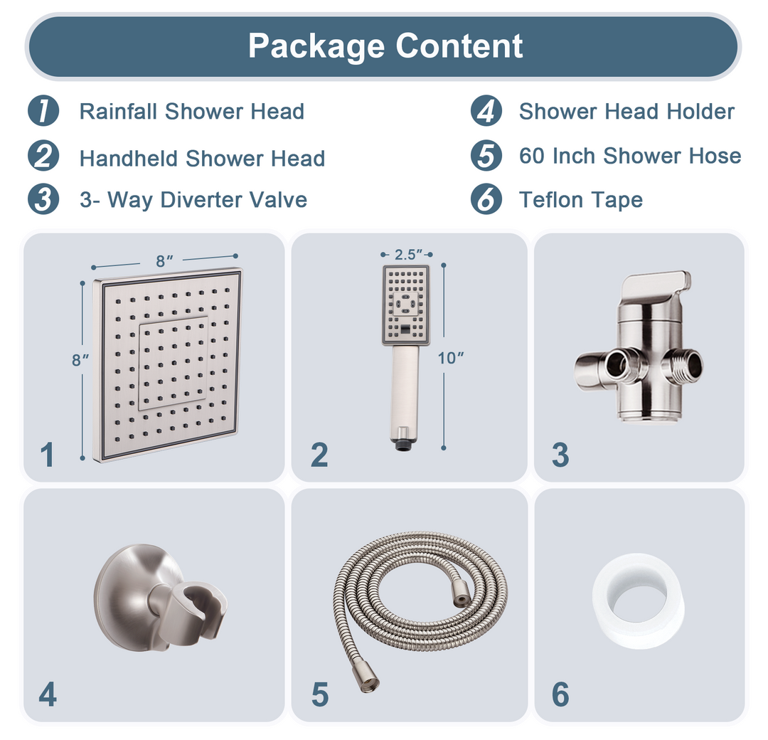 BRIGHT SHOWERS 8 Inch Shower Head with Handheld Spray 5 ft. Shower Hose Set Includes Wall Mount Suction Bracket, 3-Way Water Diverter Mount (PSS1807)