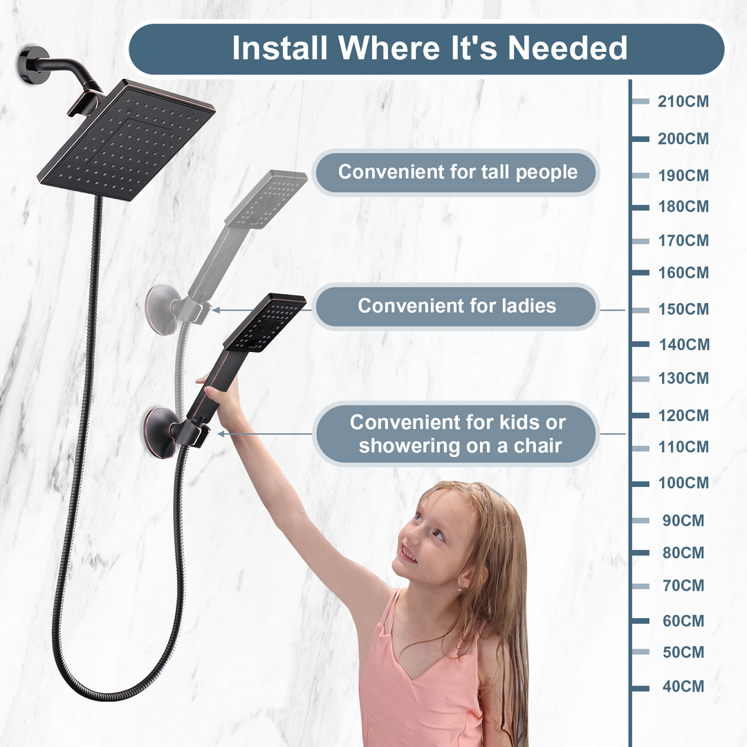 BRIGHT SHOWERS 8 Inch Shower Head with Handheld Spray 5 ft. Shower Hose Set Includes Wall Mount Suction Bracket, 3-Way Water Diverter Mount (PSS1807)