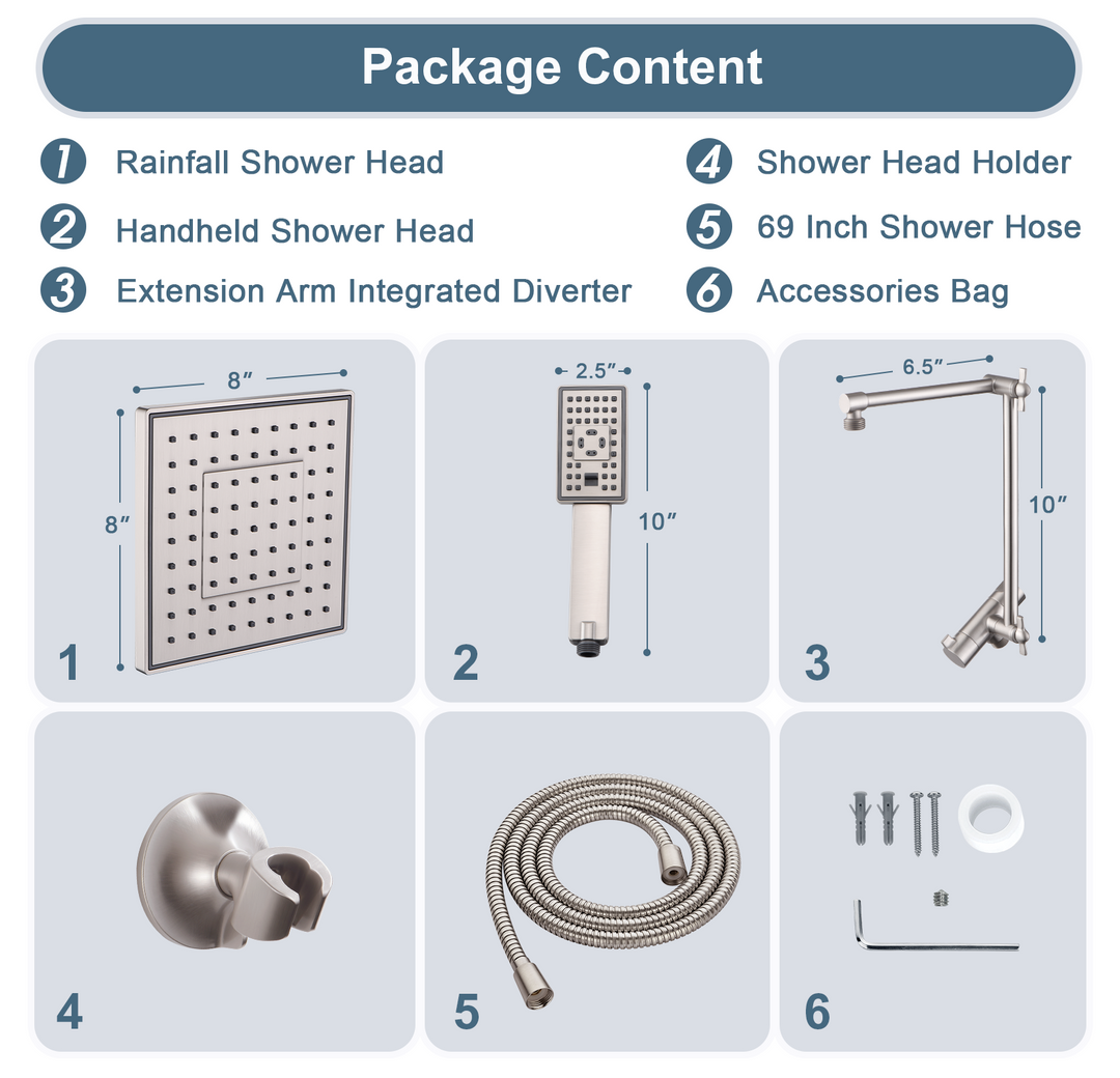 BRIGHT SHOWERS High Pressure Dual Square Rain Shower Head Combo with Double Extension Arm, 8 Inch Rainfall Shower Head with Handheld Spray (PAS2807)