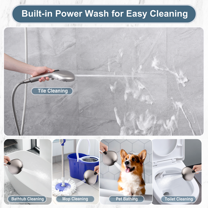 BRIGHT SHOWERS High Pressure 9 Spray Settings Shower Head, Built in Power Wash to Clean Tub and Pets, Long 69" Hose, Adjustable Bracket (PSS9901)